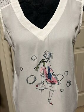 White V-Neck Graphic Sleeveless Top with Stud Detail